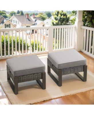 CubeEdge 2-Piece Wicker Outdoor Ottoman Patio Rattan Footrest Seat Steel Frame Foostool with Removable Olefin Cushions