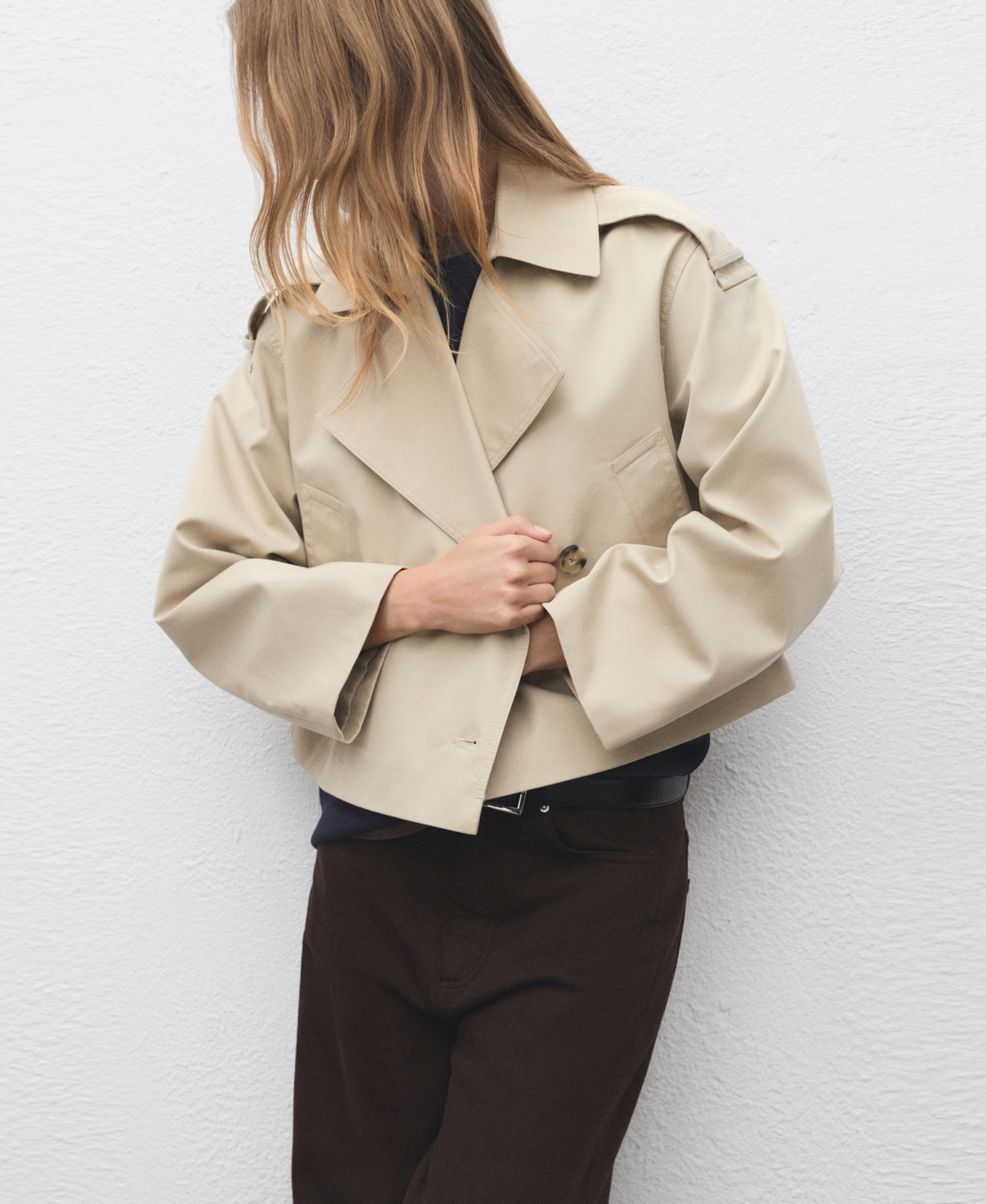 Mango Double Breasted Crop Trench Coat In Neutral