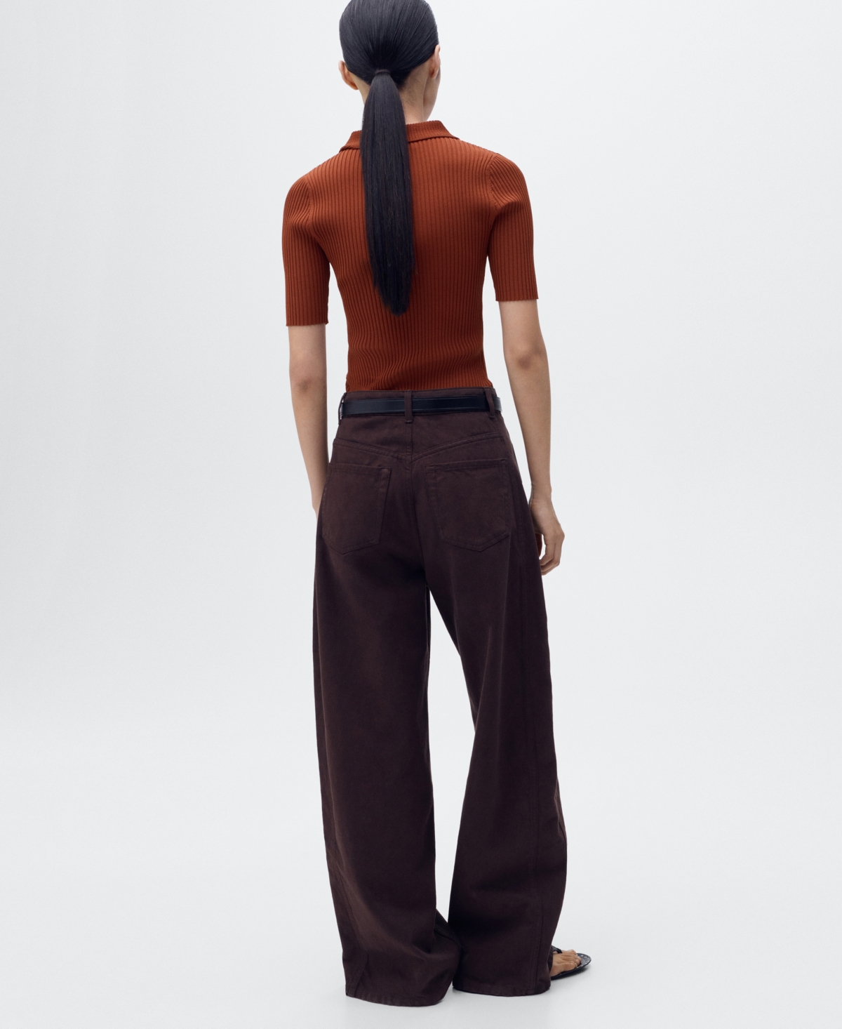 Mango Rib Short Sleeve Polo Sweater In Brown