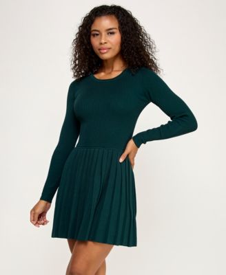 Juniors Pleated Round Neck Fit & Flare Sweater Dress