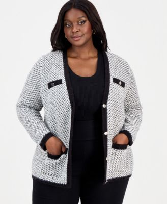 Plus Size Metallic-Threaded Boucl&eacute; Cardigan