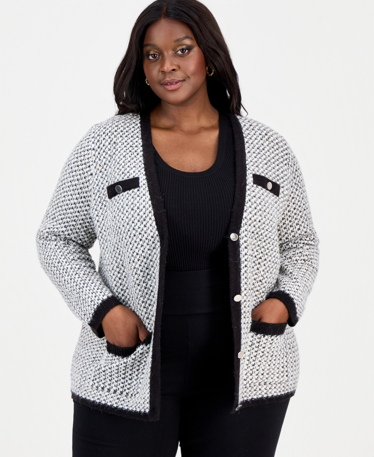 Anne Klein Plus Metallic-Threaded Boucle Cardigan