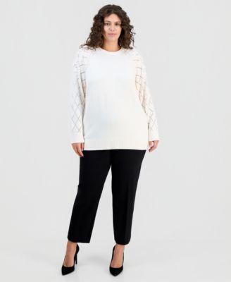 Plus Size Floral Pointelle-Sleeve Sweater