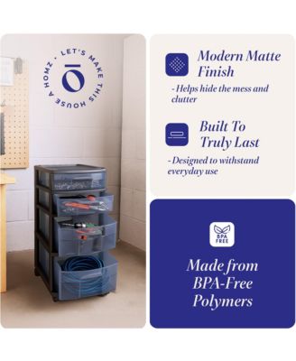 Tall Solid Plastic 4 Drawer Medium Storage Cart with Caster Wheels, Black