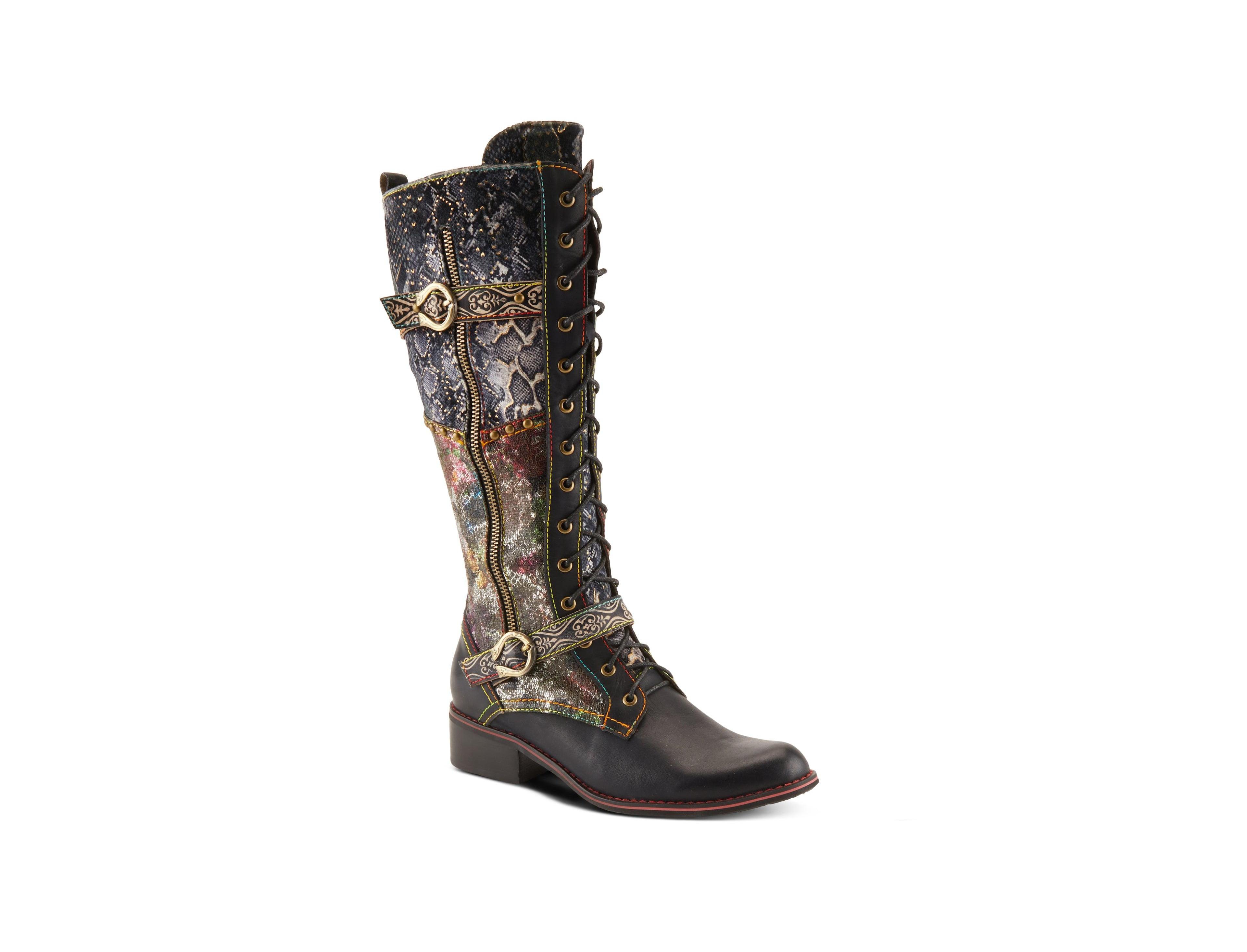 L'Artiste Women's Vaneyck Hand-Painted Tall Boots with Iridescent Leather, Double Buckle Detail, Lace-Up and Zipper Closure, Rainbow Stitching, Ru