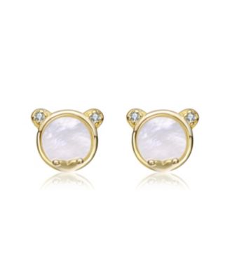 14K Gold Plated Mother Of Pearl & Clear Cubic Zirconia Bear Stud Earrings For Kids