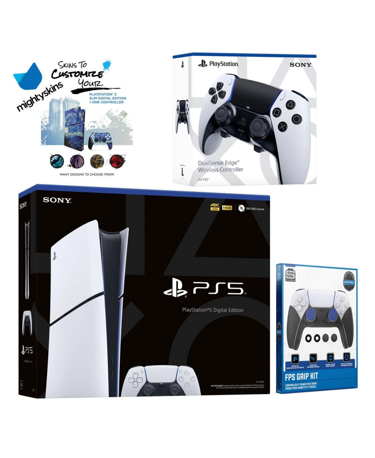 Sony Playstation 5 Slim Digital with Extra Edge Controller, Fps Grip Kit and MightySkins Decal Voucher + 2 Year Cps Extended Warranty - White