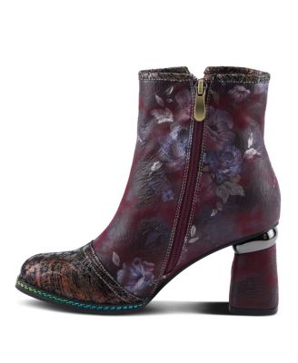 Women's Carre Floral Print Leather Booties with Metallic Cap Toe, Decorative Ribbons, Rainbow Stitching, and Printed Wrapped Heel