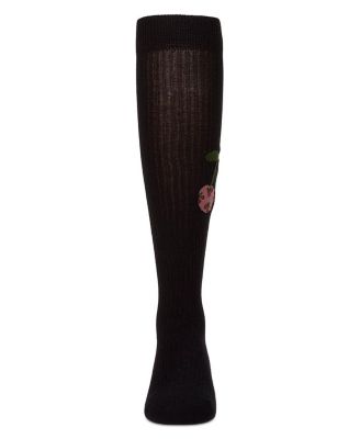 Girls Ribbed Cotton-Rich Cherry Embroidered Knee Sock