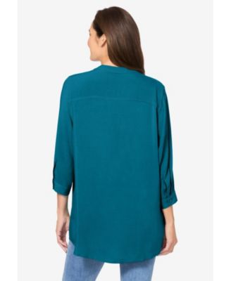 Women's Plus Size Rayon 7-Day Three-Quarter Sleeve Tab-Front Tunic Top