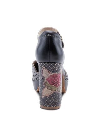 Women's Debbihary Hand-Painted Leather Mary Jane Pumps with Rose Embossing, Cutouts, Adjustable Strap, and 4-Inch Leather-Wrapped Heel