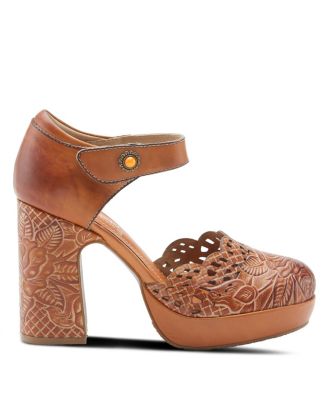 Women's Debbihary Hand-Painted Leather Mary Jane Pumps with Rose Embossing, Cutouts, Adjustable Strap, and 4-Inch Leather-Wrapped Heel