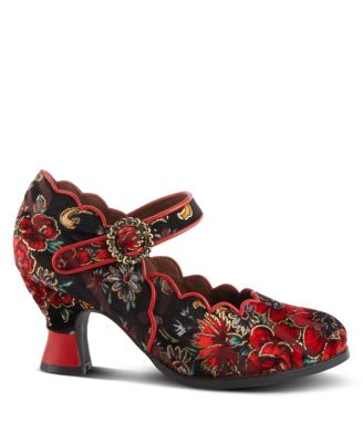 Women's Adodora Floral Tapestry Mary Jane Heels with Hook-and-Loop Strap, Cushioned Insole, and Flexible Sole