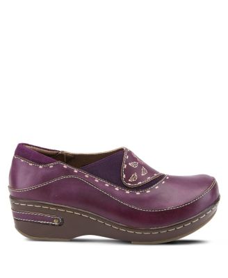 L Artiste Women s BURBANK Hand-Painted Leather Clogs with Floral Embossing and Elastic Insets