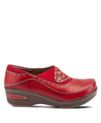 L Artiste Women s BURBANK Hand-Painted Leather Clogs with Floral Embossing and Elastic Insets