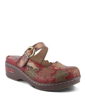 Women's Flochino Leather Clogs with Floral Ankle Strap, Scalloped Edges, Brass Buckles, and Plush Microsuede Footbed – Comfort Slip-Ons
