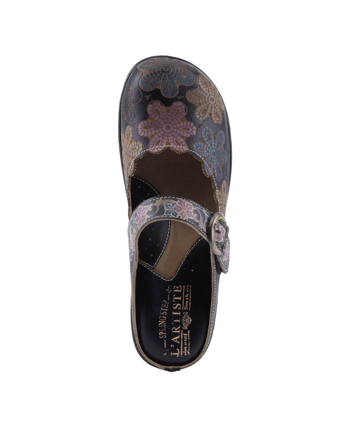 L'Artiste Women's Flochino Hand-Painted Leather Clogs with Floral Ankle Strap, Scalloped Edges, Brass Buckles, and Plush Microsuede Footbed –