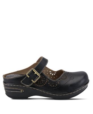 L Artiste Women s Aneria Hand-Painted Leather Clogs with Floral Laser Cutouts, Adjustable Buckle & Contrast Stitching