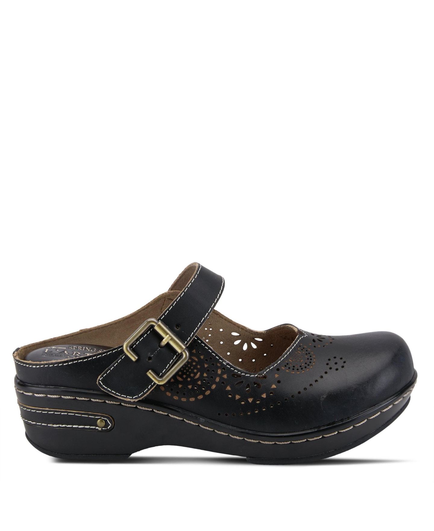 Женские сабо L'Artiste L Artiste Women s Aneria Hand-Painted Leather Clogs with Floral Laser Cutouts, Adjustable Buckle & Contrast Stitching, цвет: Чёрный — фото 5
