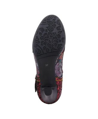 Women s Mazie Closed-Toe T-Strap Heels in Floral Metallic and Mosaic Leather with Decorative Buckle and Stacked Heel