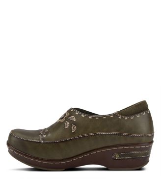 L Artiste Women s BURBANK Hand-Painted Leather Clogs with Floral Embossing and Elastic Insets