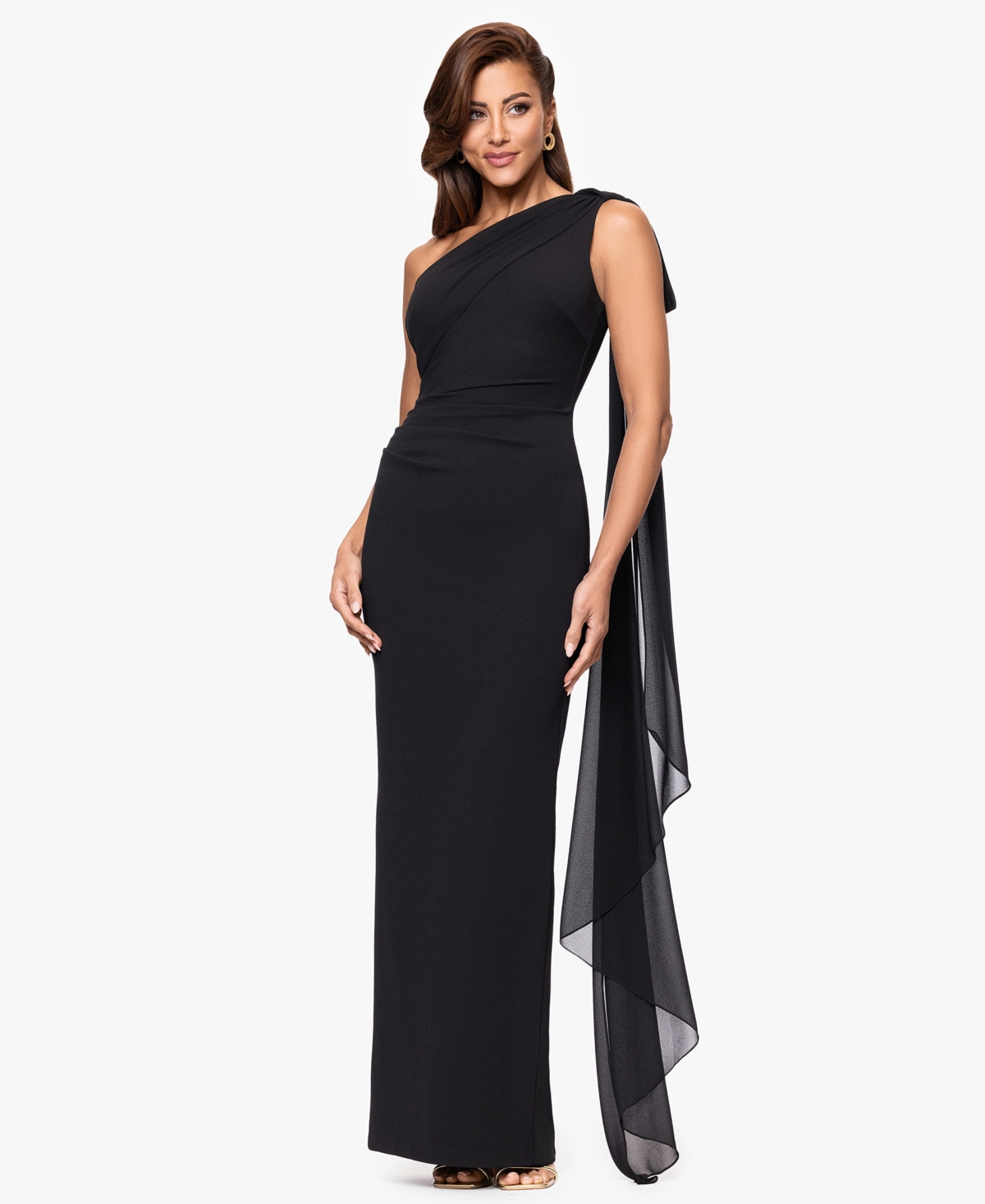Xscape Petite One Shoulder Long Gown In Black