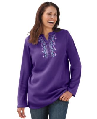 Women's Plus Size Embroidered Thermal Henley Tee
