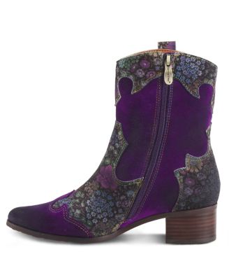 L’Artiste Women’s LADYLUCK Western Suede Booties with Floral Overlay and Block Heel