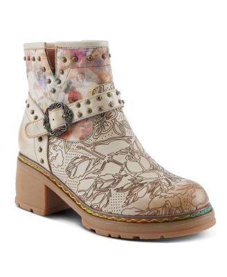 Women's Branchout Hand-Painted Leather Booties with Etched Botanical Motifs, Studded Buckle Strap, Inside Zipper, and Rainbow Stitching