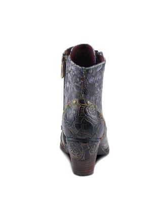 Women's Avyanna Velvet and Leather Ankle Boots with Embossed Floral Design, Cap Toe, Dual Zippers, and Low Heel