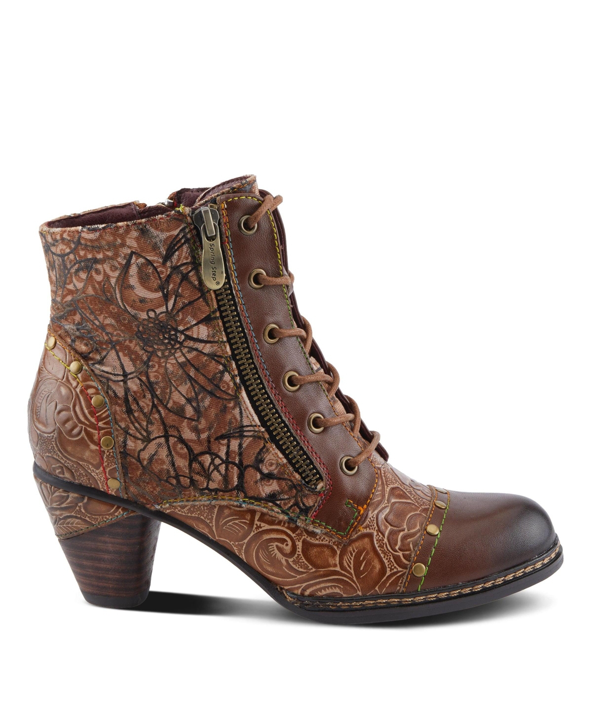 L'Artiste Women's Avyanna Velvet and Leather Ankle Boots with Embossed Floral Design, Cap Toe, Dual Zippers, Low Heel – Romantic Hand-Painted Stat