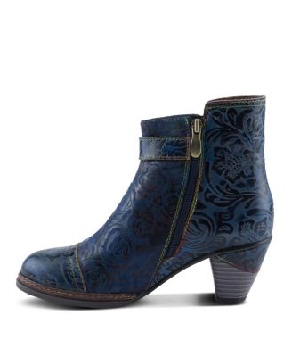 Women's Antilles Floral Embossed Suede Ankle Booties with Vintage Buckle Detail, Inside Zipper, Low Heel, Faux Fur Lining