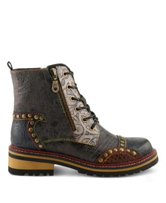 Women's Rugup Hand-Painted Leather Booties with Mixed Textures, Decorative Studs, Lace-Up and Zipper Closure, Faux Fur Lining, and Lug Sole