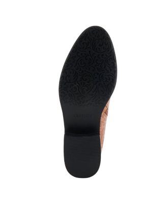 Women's Tiatia Hand-Painted Leather Ankle Boots with Asymmetrical Buckle Strap, Embossed and Suede Panels, Block Heel, and Side Zipper