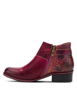 Women's Tiatia Hand-Painted Leather Ankle Boots with Asymmetrical Buckle Strap, Embossed and Suede Panels, Block Heel, and Side Zipper