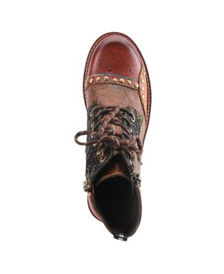 Women's Rugup Hand-Painted Leather Booties with Mixed Textures, Decorative Studs, Lace-Up and Zipper Closure, Faux Fur Lining, and Lug Sole