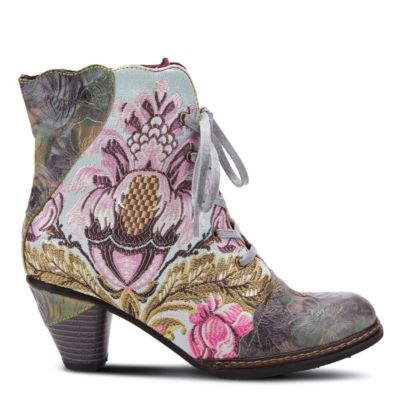 L’Artiste Women’s SIREN Embroidered Floral Lace-Up Booties with Embossed Leather, Scalloped Trim & Cone Heel