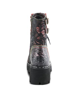 L Artiste Women s LIMITLESS Leather Combat Boot with Floral Cutouts, Stud Accents & Rainbow Stitching Booties