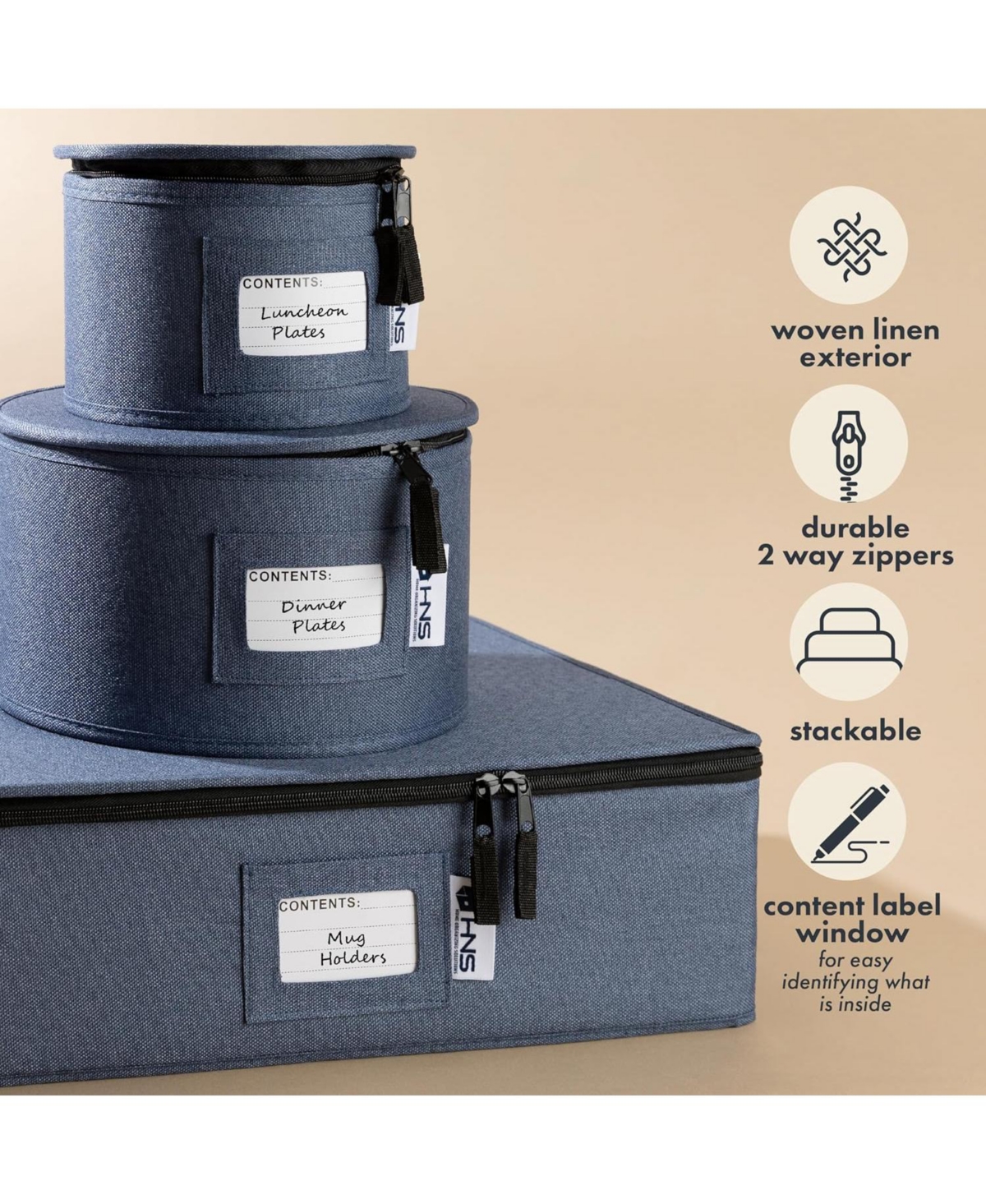 Hard Shell China Organizer with Dividers - Holds 12 Pieces - Durable & Stackable Storage Box for Seasonal Dishware Protection - Denim Blue