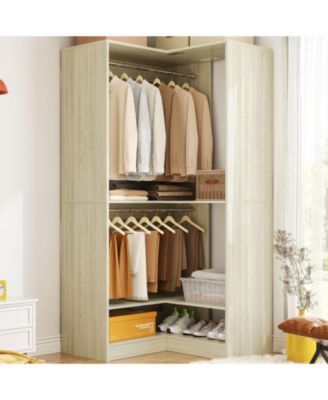 Corner Closet System with Upper & Lower Hanging Areas, Corner Wardrobe Organizer with Shoe Shelf
