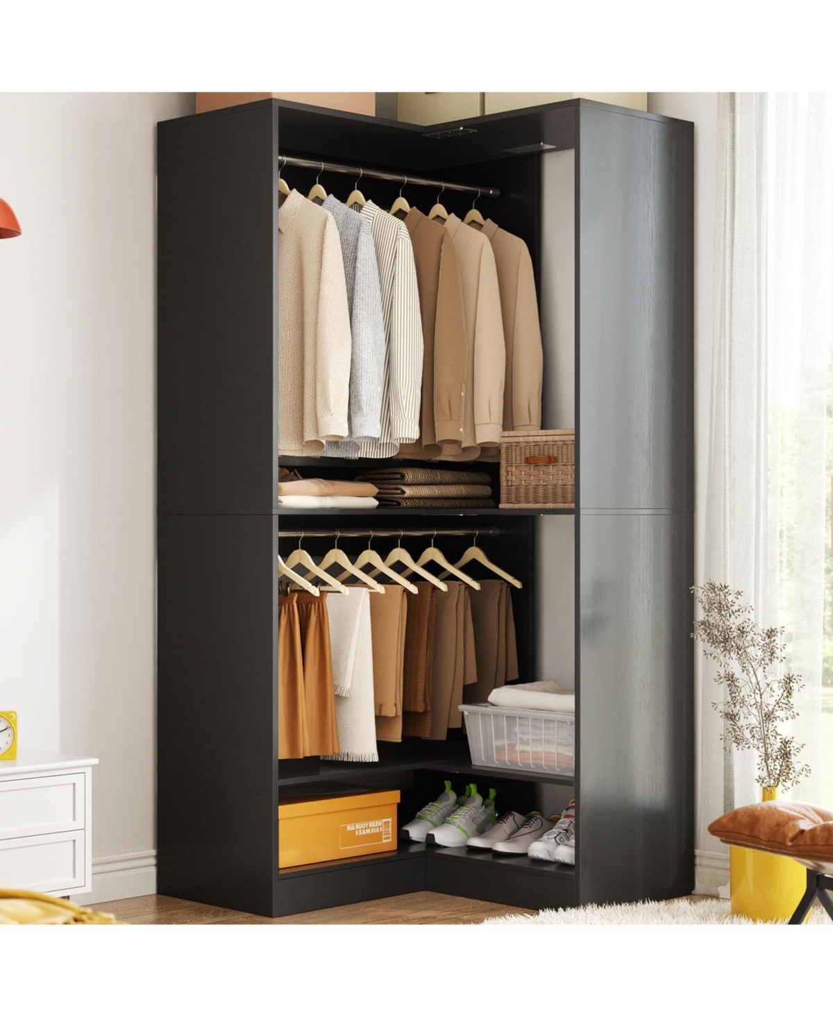 Corner Closet System with Upper & Lower Hanging Areas, Wardrobe Organizer Shoe Shelf