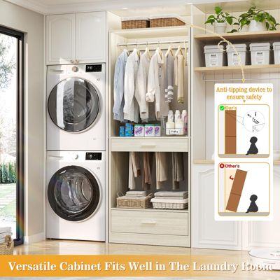 Closet System Organizer with Hanging Area, Freestanding Wooden Closet with Drawers