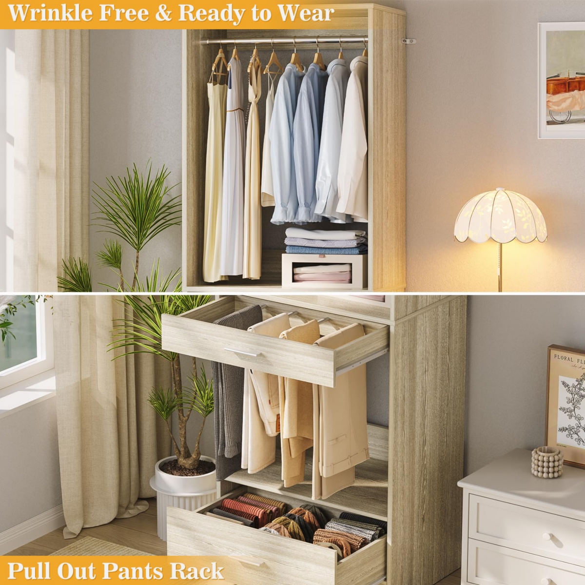 Aheaplus Closet System Organizer with Hanging Area, Freestanding Wooden Drawers