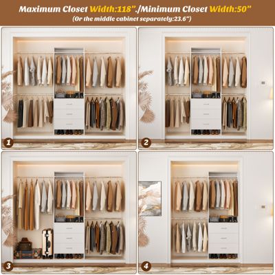 3 Wood Drawers and 4 Retractable Hanging Rods Adjustable Closet System