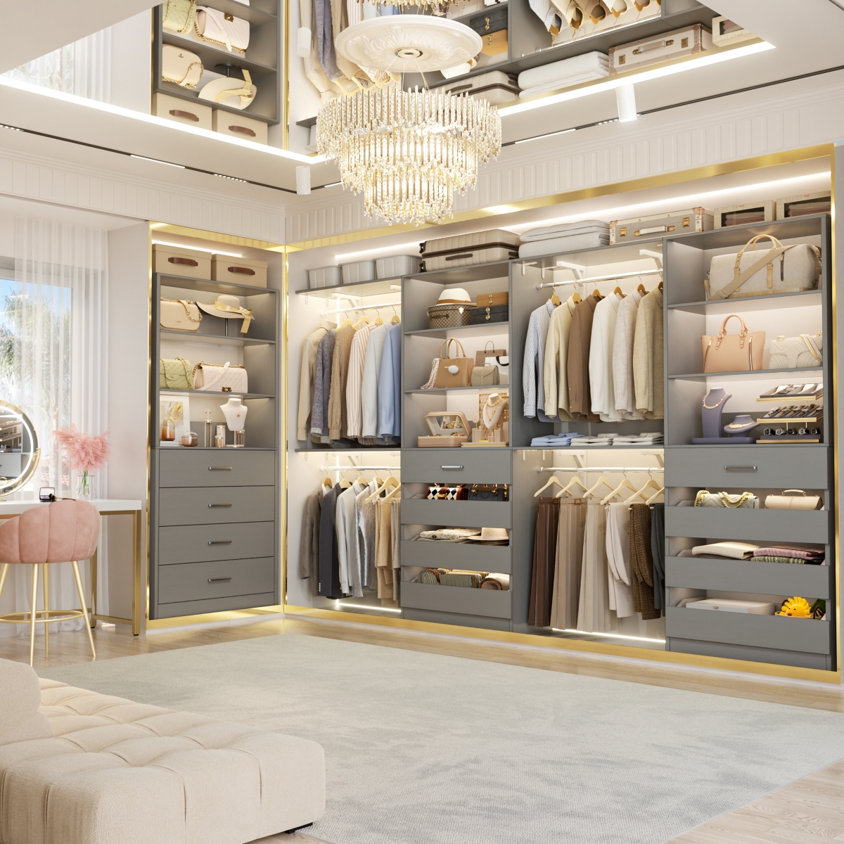 21.3" Closet Drawer System, Walk-in Tower with 4 Wooden Drawers and Shelves