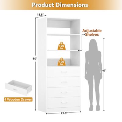21.3-Inch Closet Drawer System, Walk-In Closet Tower with 4 Wooden Drawers and Shelves