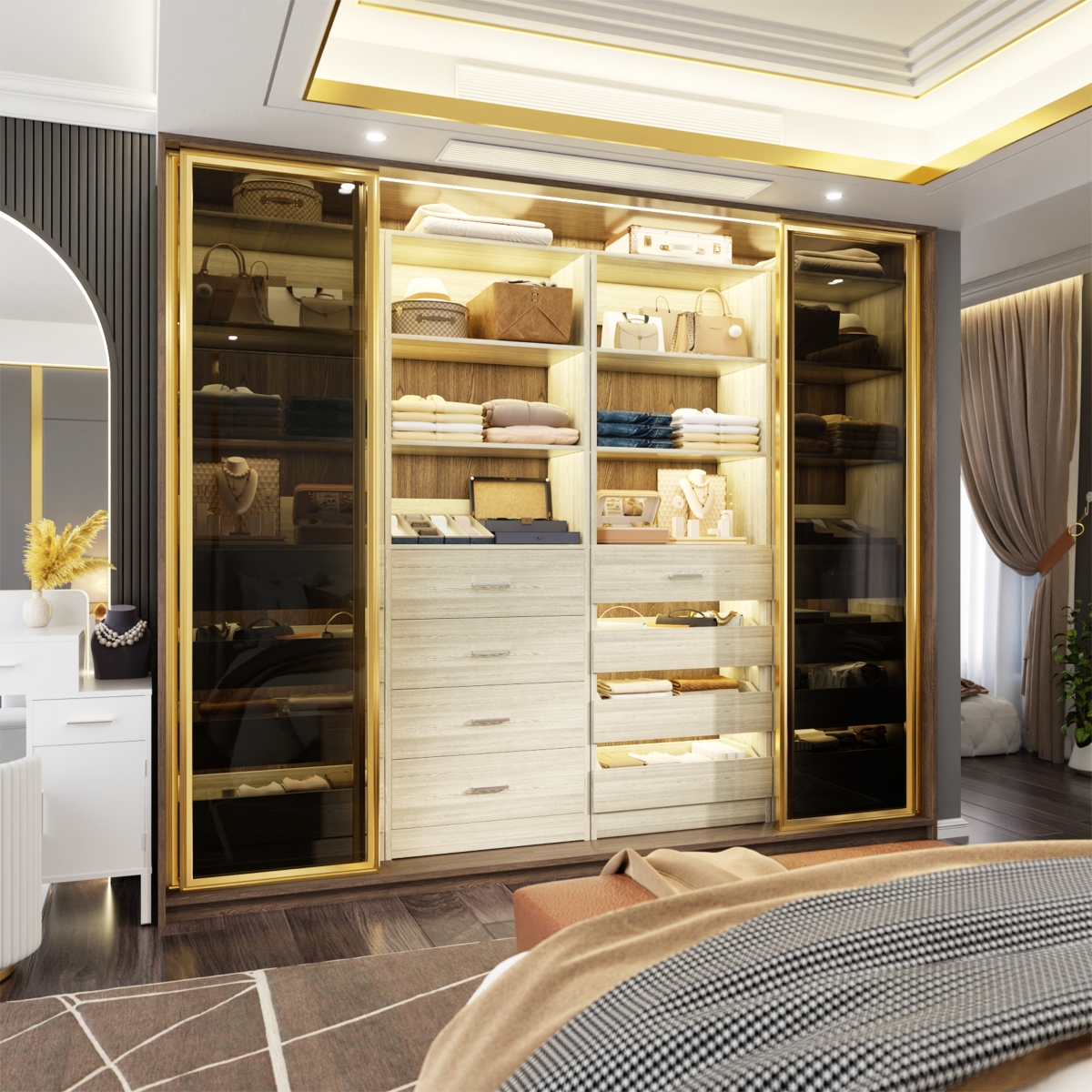 21.3" Closet Drawer System, Walk-in Tower with 4 Wooden Drawers and Shelves