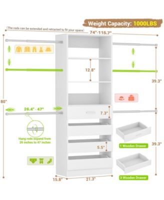 8FT Wall Mounted Closet System with 4 Drawers and 4 Hanging Rods, Garment Rack with Shelves