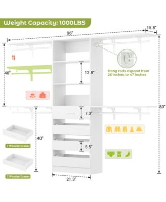 Closet Organizer System with 4 Reversible Shelves, 4 Wood Drawers, and 4 Hanging Rods, 96-Inch Wardrobe Clothes Rack
