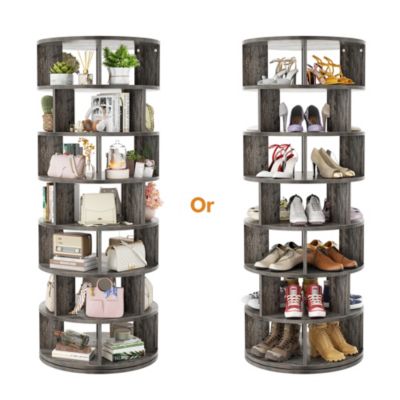 7-Tier Rotating Shoe Rack, 360° Display Wooden Revolving Shoe Rack Tower